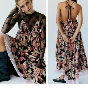 NWOT Free People Primmy Printed Black Floral Midi Dress Pink Lace Trim XL